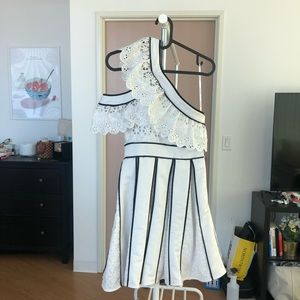 Self-Portrait White One-Shoulder Eyelet Dress with Black Trim